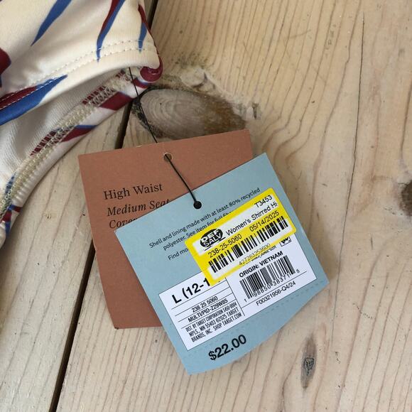 Shade & Shore NWT Women's Shirred High Waist Bikini Bottom Palm Blue Burgundy L - Picture 4 of 9